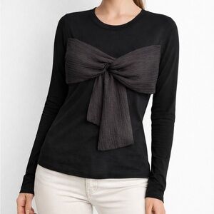 🆕 Madonna & Co Black Long Sleeve Top with Front Tie Bow Detail Size L Office